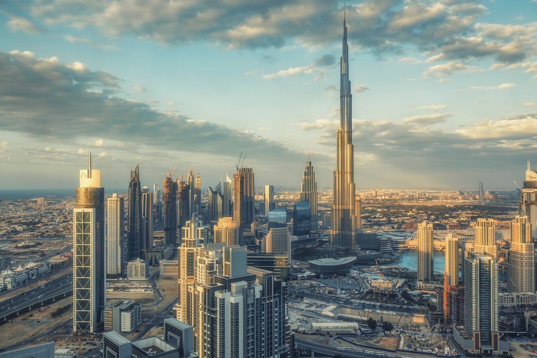 DUBAI, UAE - FEBRUARY 18, 2017: Elevated view on downtown Dubai, UAE, with Burj Khalifa and skyscrapers of the business bay.